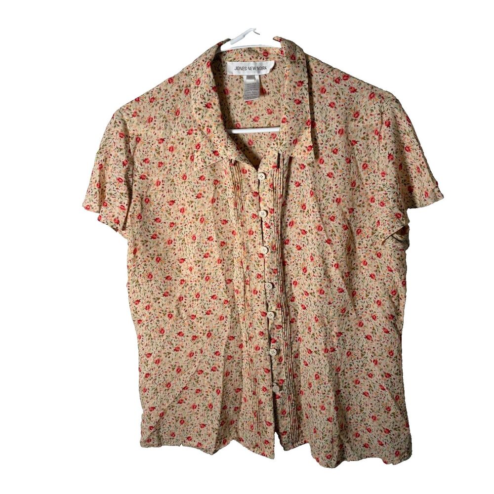Jones New York Button Up Women's 14 Beige Floral Collared 100% Silk Top